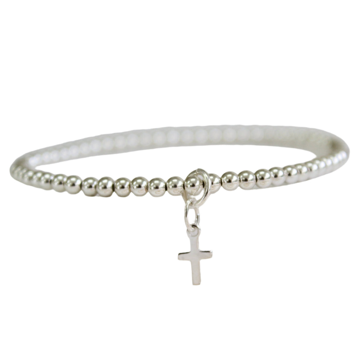 Silver Bead Bracelet Petite Cross Pendant