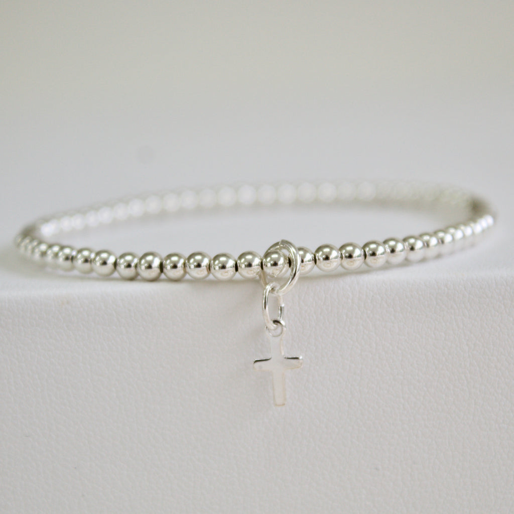 Silver Bead Bracelet/Petite Cross Pendant